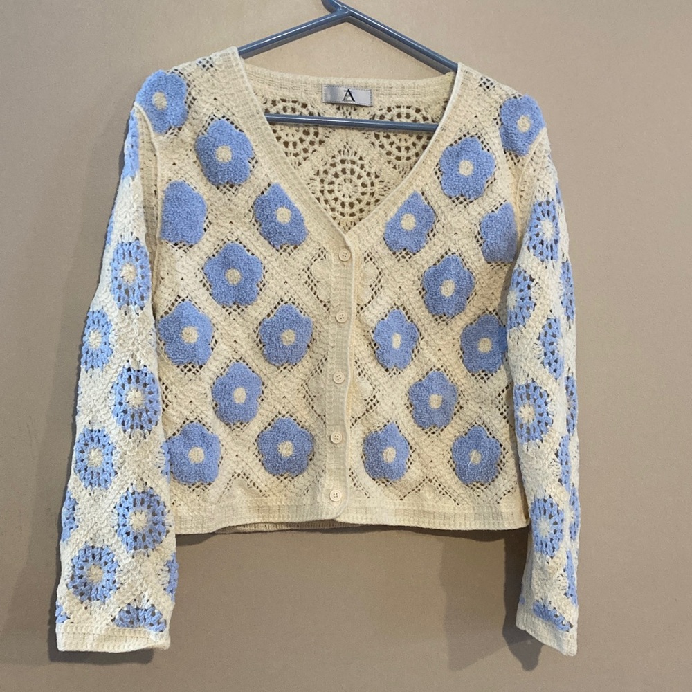 Chic Cream and Blue Crochet Cardigan